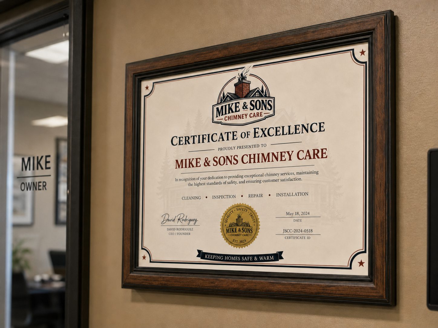 Certificate of Excellence awarded to Mike & Sons Chimney Care
